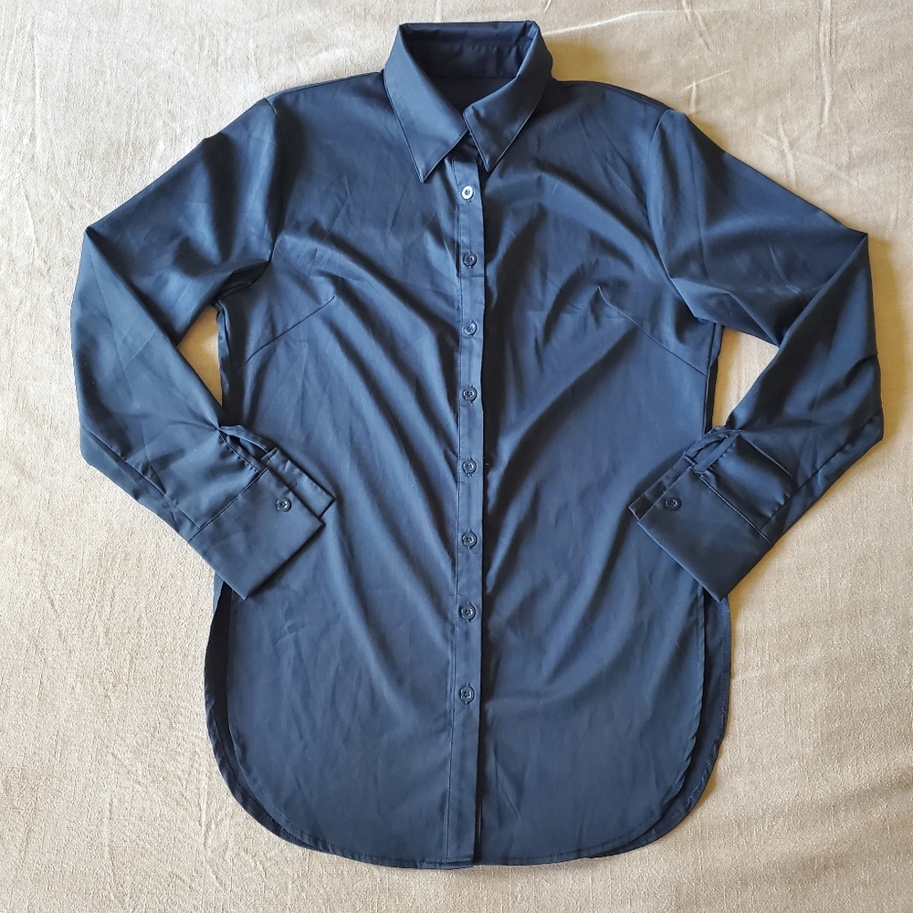 Women's Black Casual Long Sleeve Split Curved Hem Medium